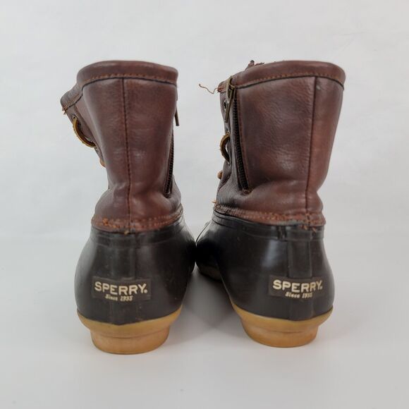 Sperry Duck Boots Girls 4 Topsides Saltwater Brown Leather Side Zip YG55362 - Picture 6 of 14